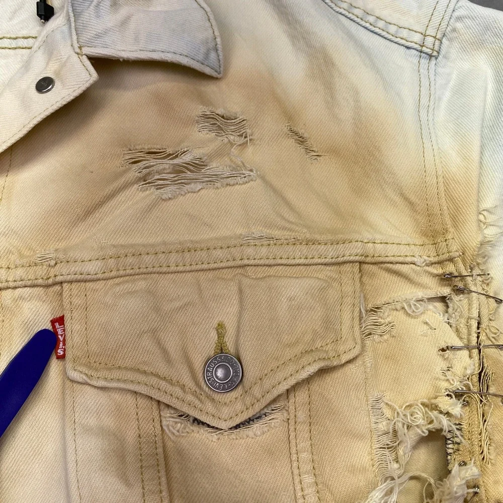 Levis Distressed Ombre Tie Dye Denim Trucker Jacket Custom Bleached Safety Pin L